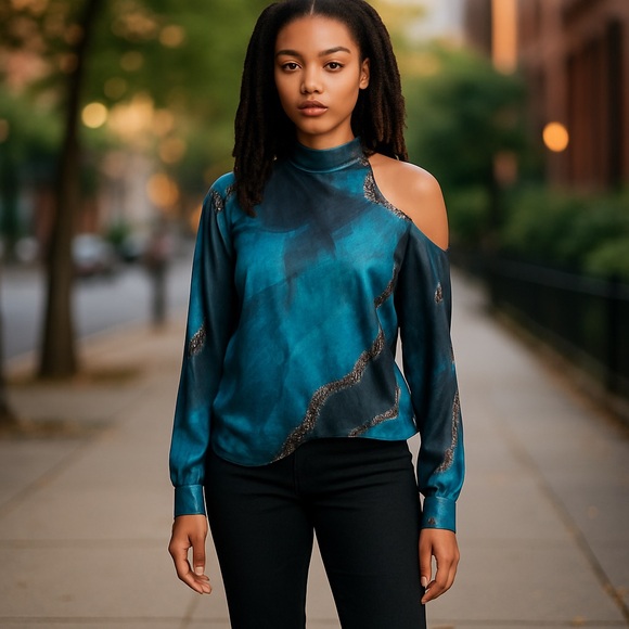 Asymmetrical Cut Out Shoulder Blouse in Beautiful Aqua Blues 💙 - Picture 5 of 5